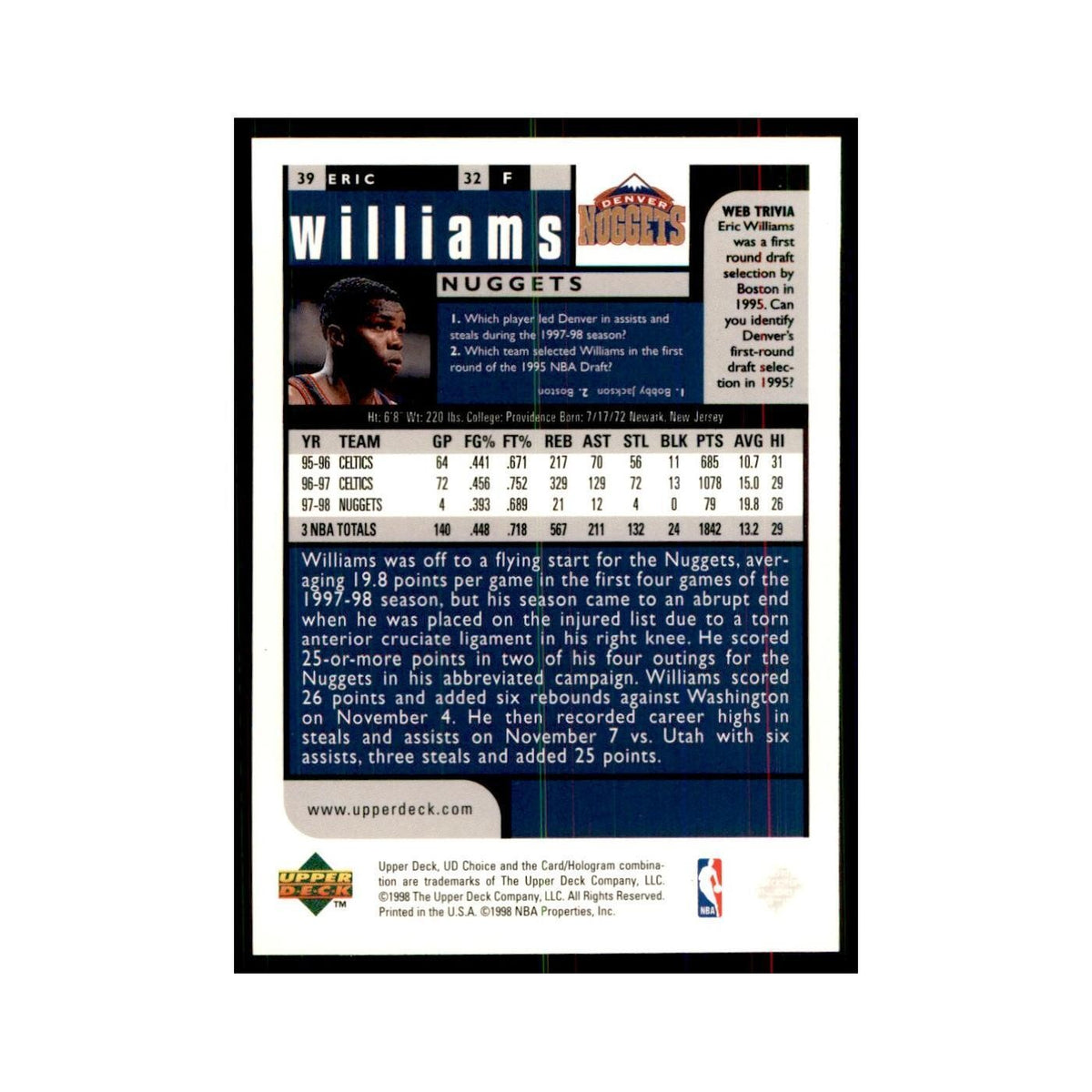 1998 UD Choice Eric Williams Basketball Cards #39