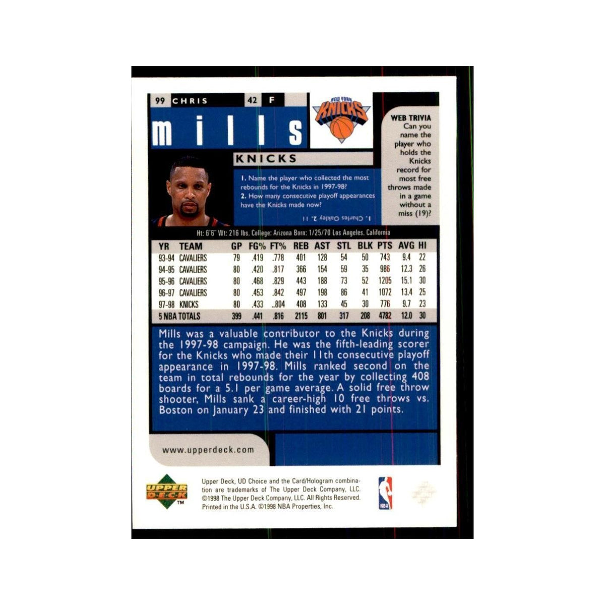 1998 UD Choice Chris Mills Basketball Cards #99
