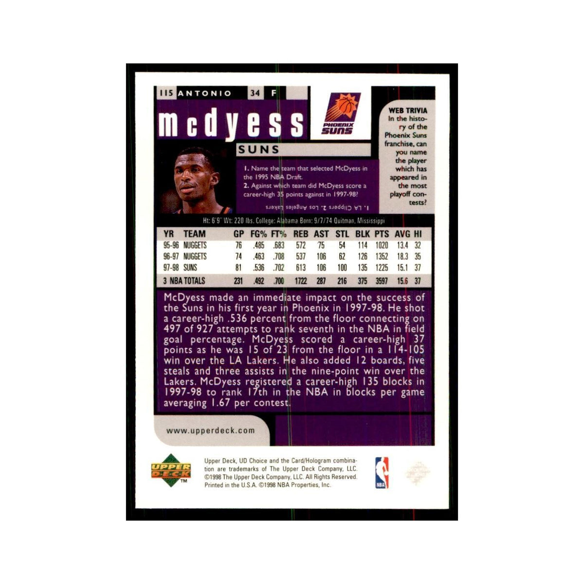 1998 UD Choice Antonio McDyess Basketball Cards #115