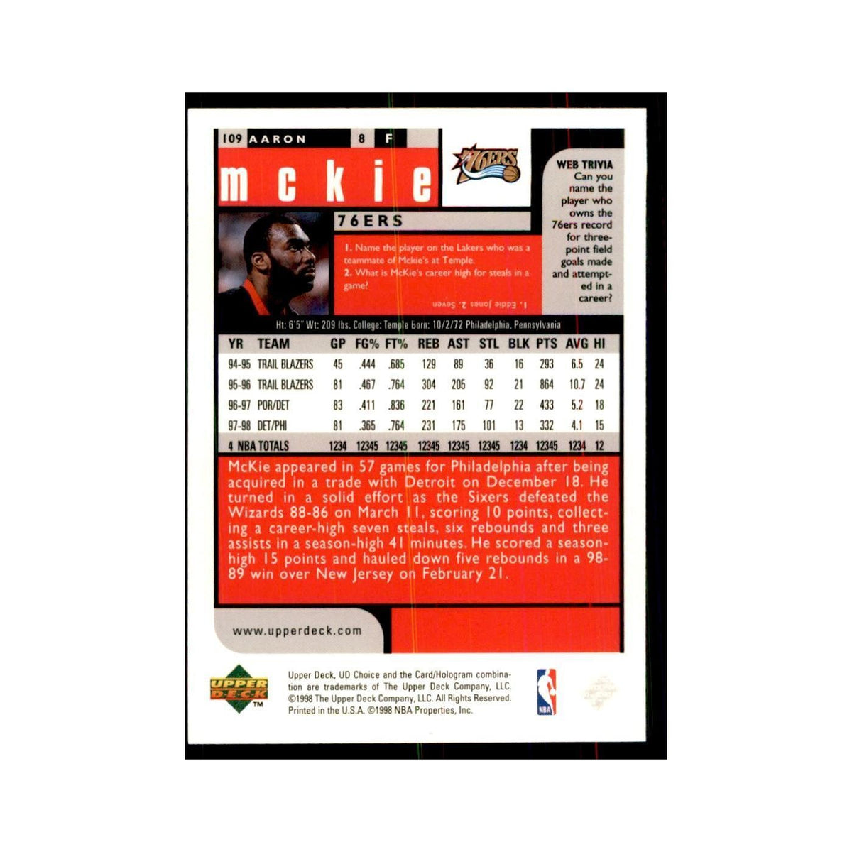 1998 UD Choice Aaron McKie Basketball Cards #109