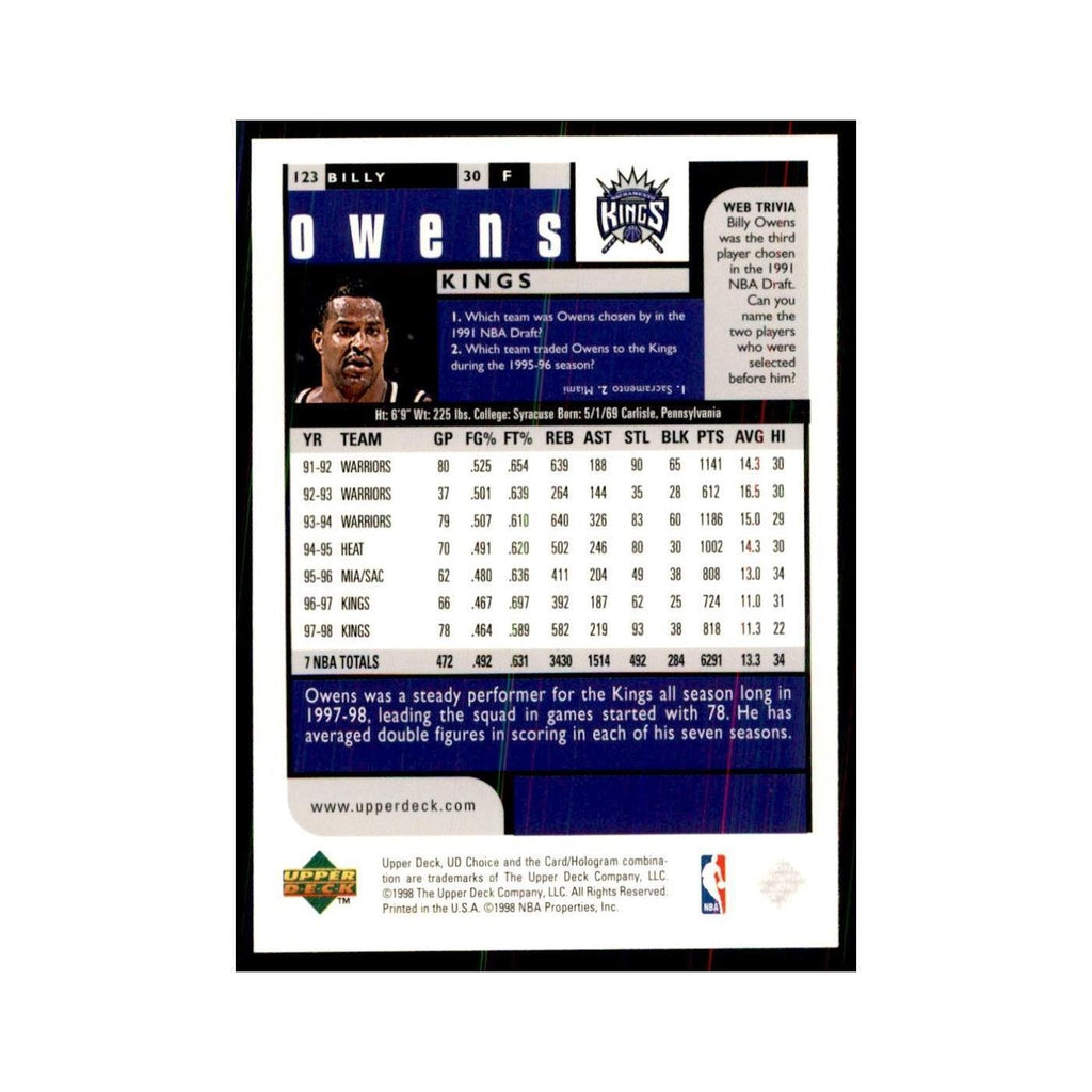 1998 UD Choice Billy Owens Basketball Cards #123