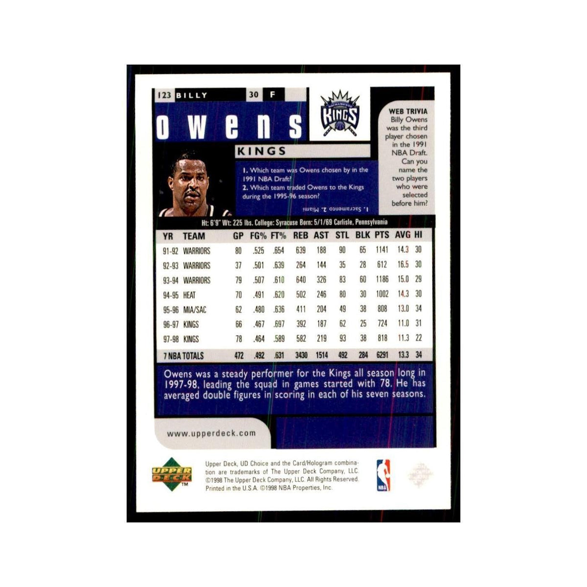 1998 UD Choice Billy Owens Basketball Cards #123