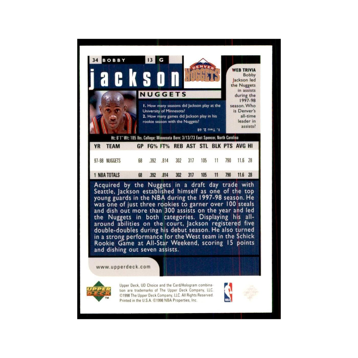 1998 UD Choice Bobby Jackson Basketball Cards #34
