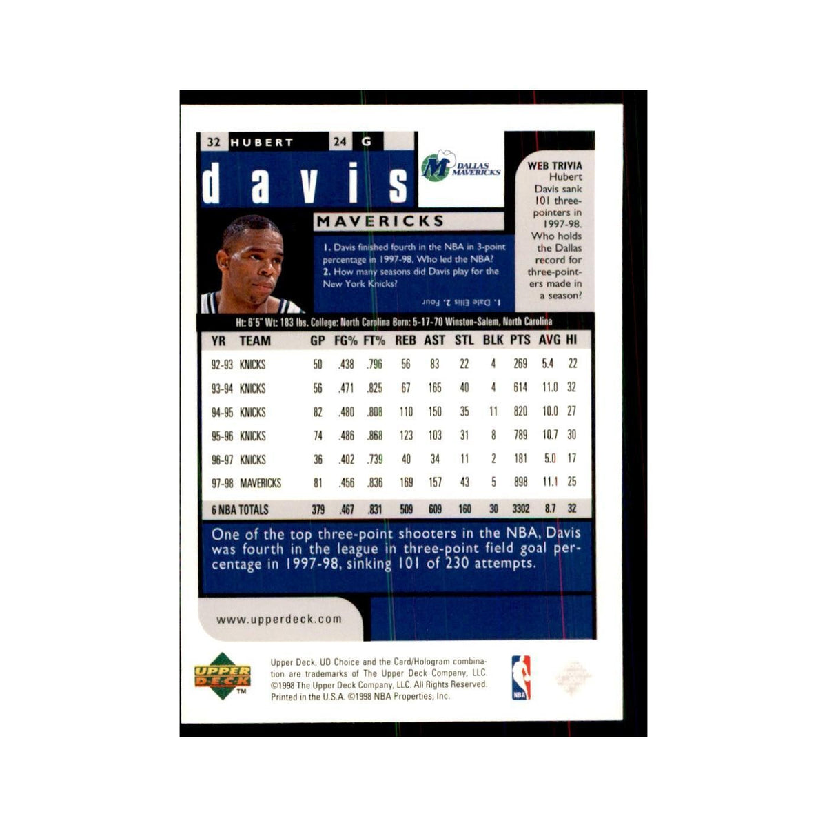 1998 UD Choice Hubert Davis Basketball Cards #32