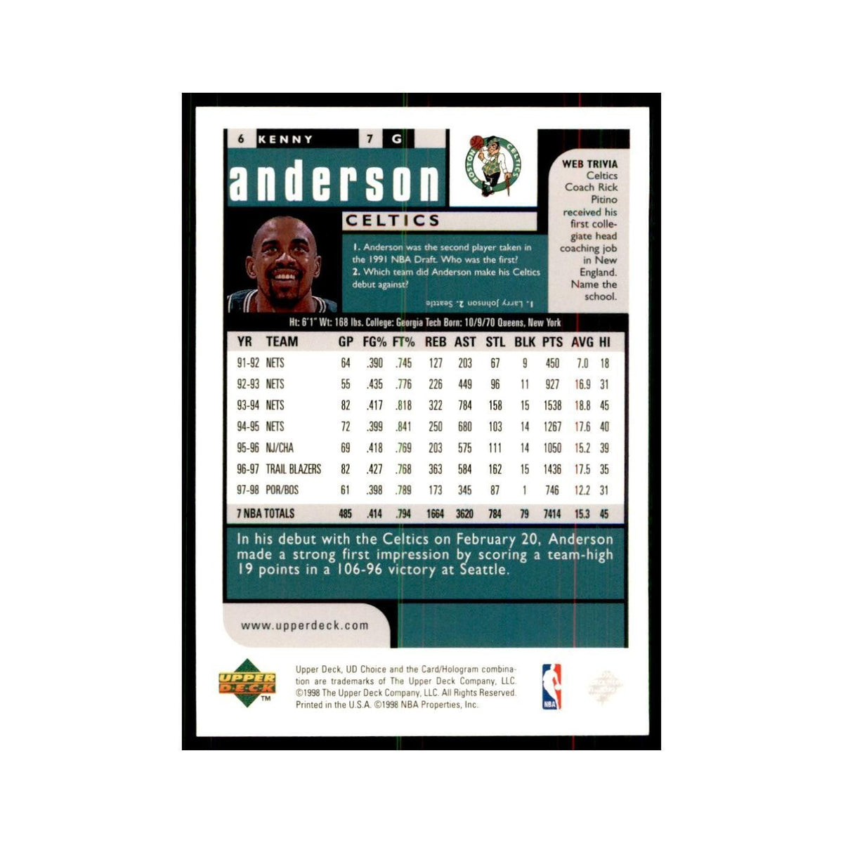 1998 UD Choice Kenny Anderson Basketball Cards #6