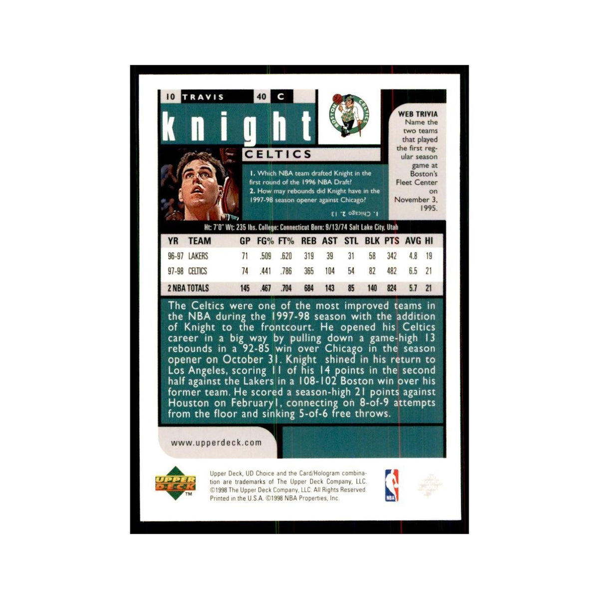 1998 UD Choice Travis Knight Basketball Cards #10