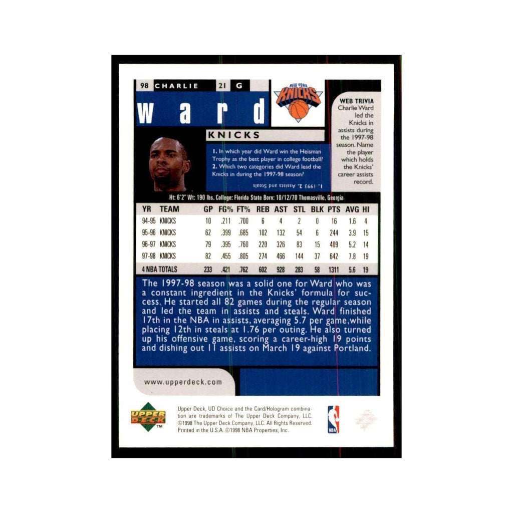 1998 UD Choice Charlie Ward Basketball Cards #98