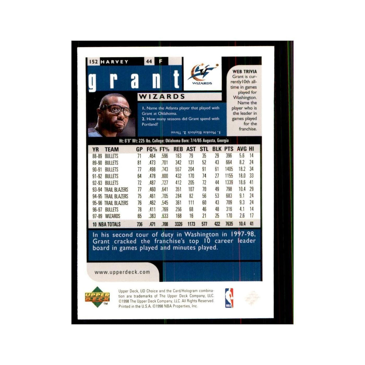 1998 UD Choice Harvey Grant Basketball Cards #152