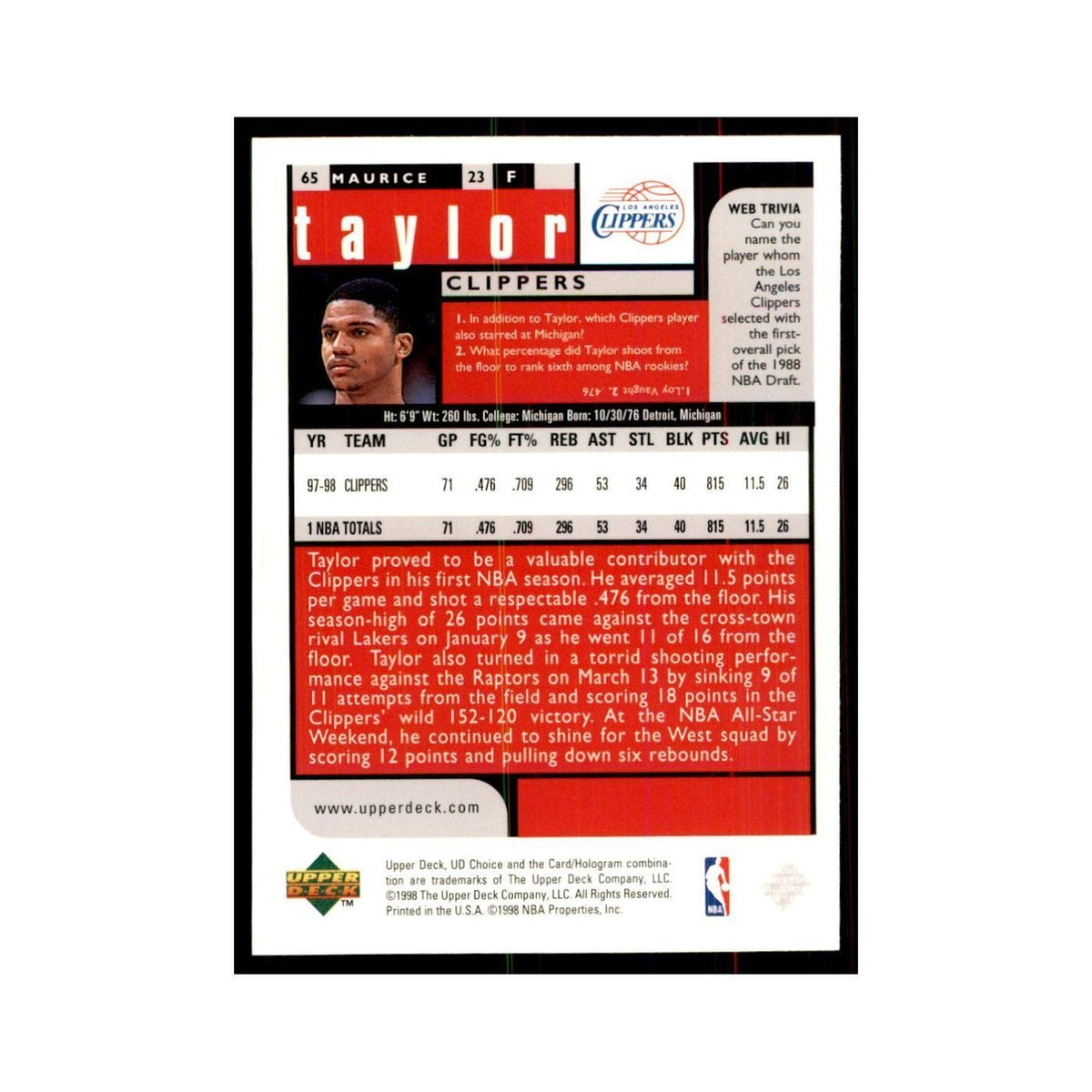 1998 UD Choice Maurice Taylor Basketball Cards #65