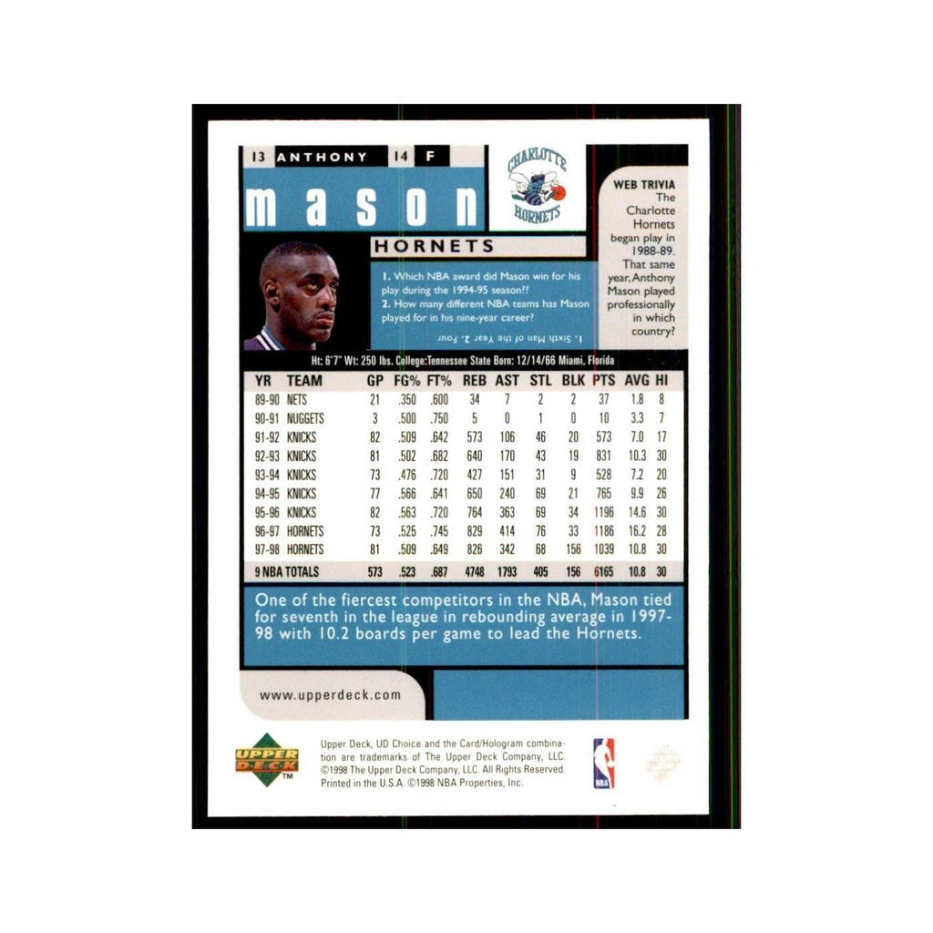1998 UD Choice Anthony Mason Basketball Cards #13