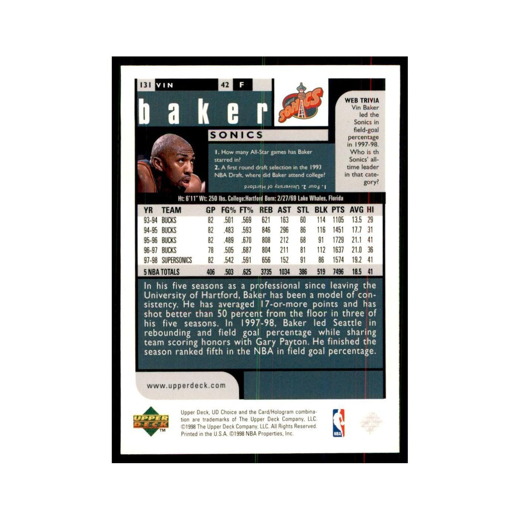 1998 UD Choice Vin Baker Basketball Cards #131