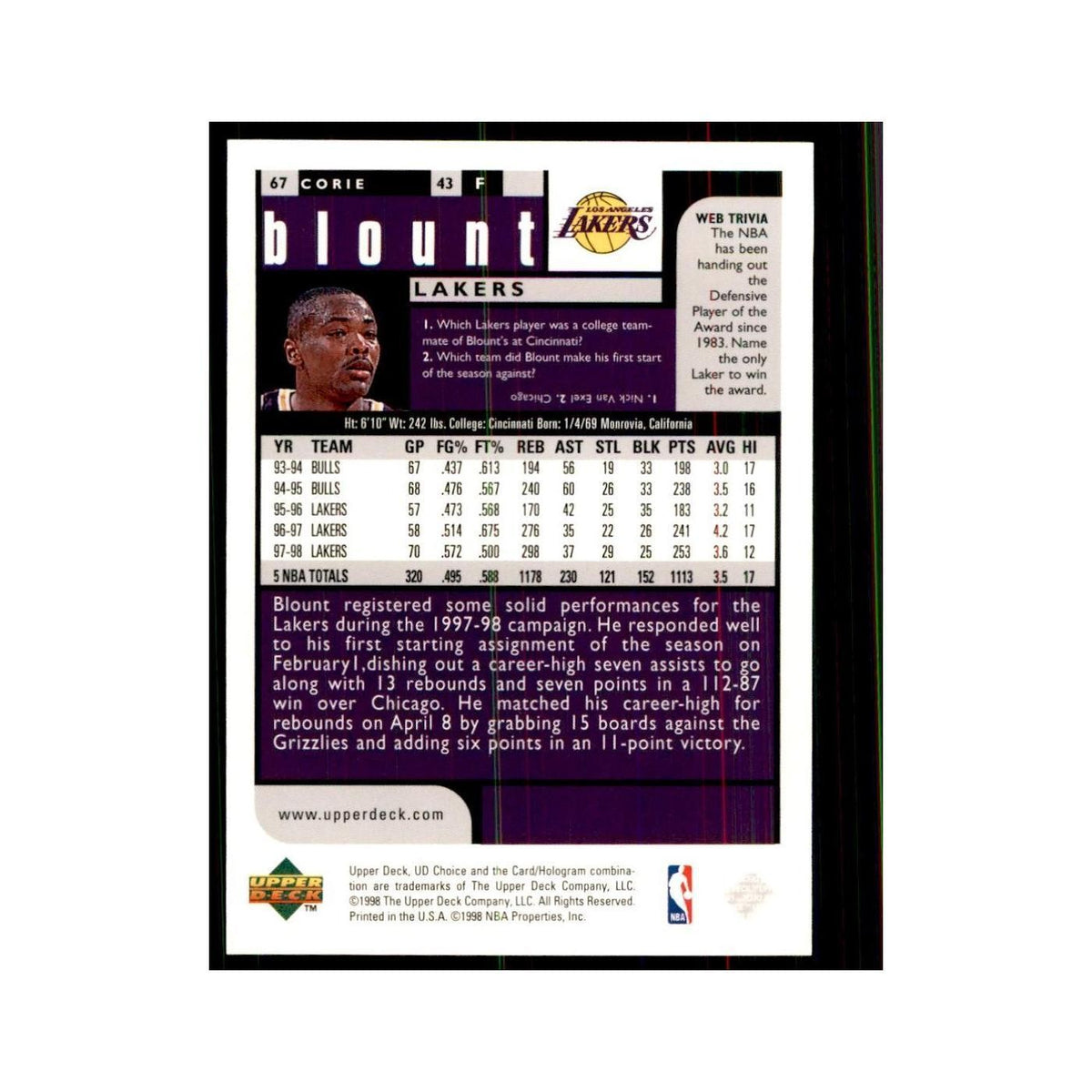 1998 UD Choice Corie Blount Basketball Cards #67