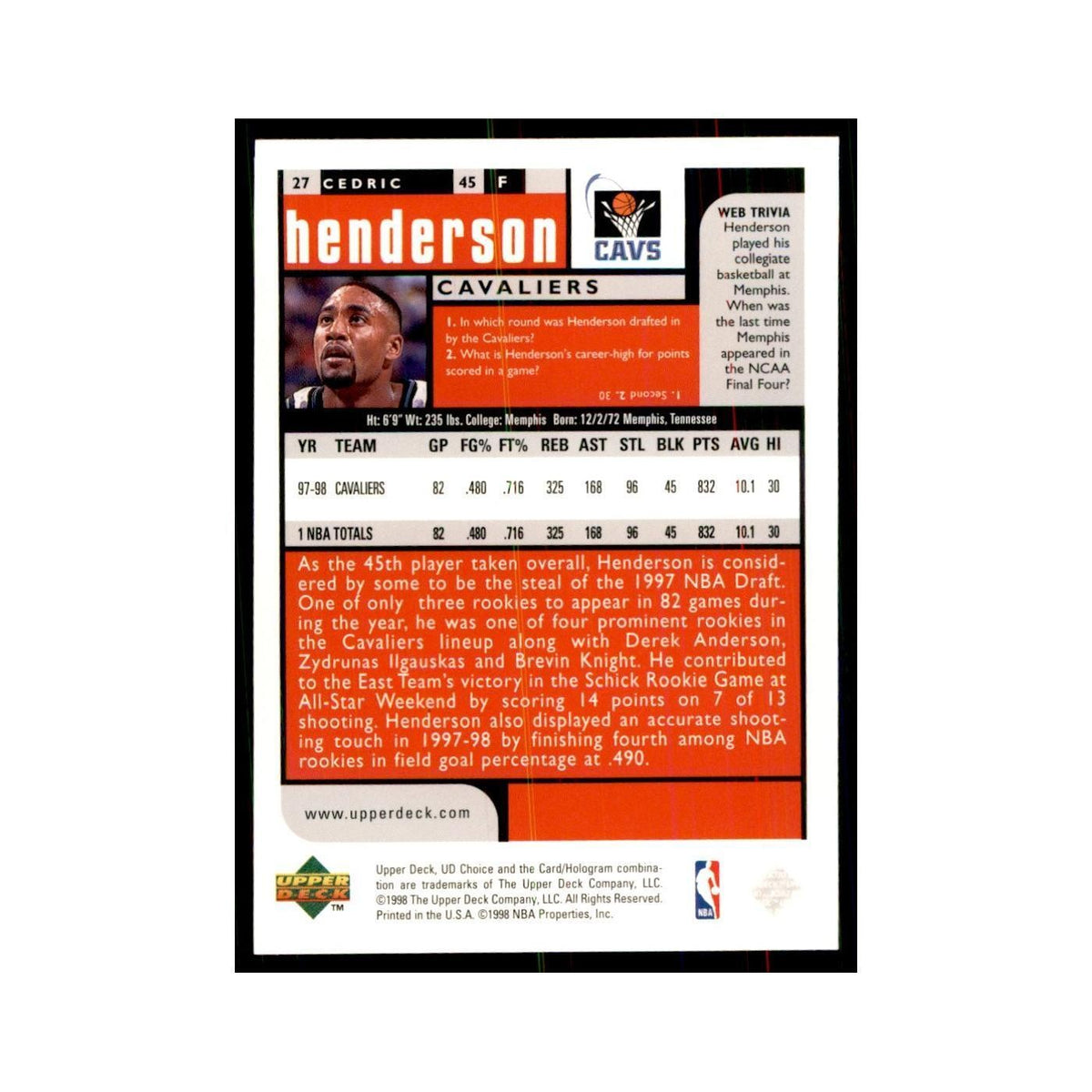 1998 UD Choice Cedric Henderson Basketball Cards #27