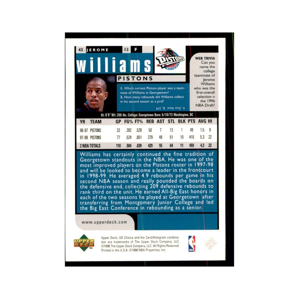 1998 UD Choice Jerome Williams Basketball Cards #43