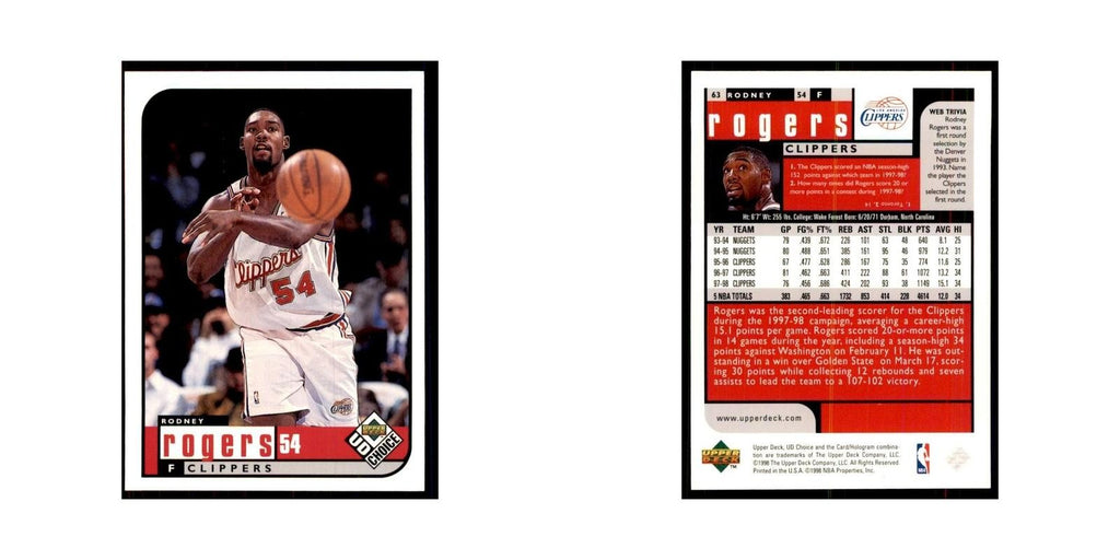 1998 UD Choice Rodney Rogers Basketball Cards #63