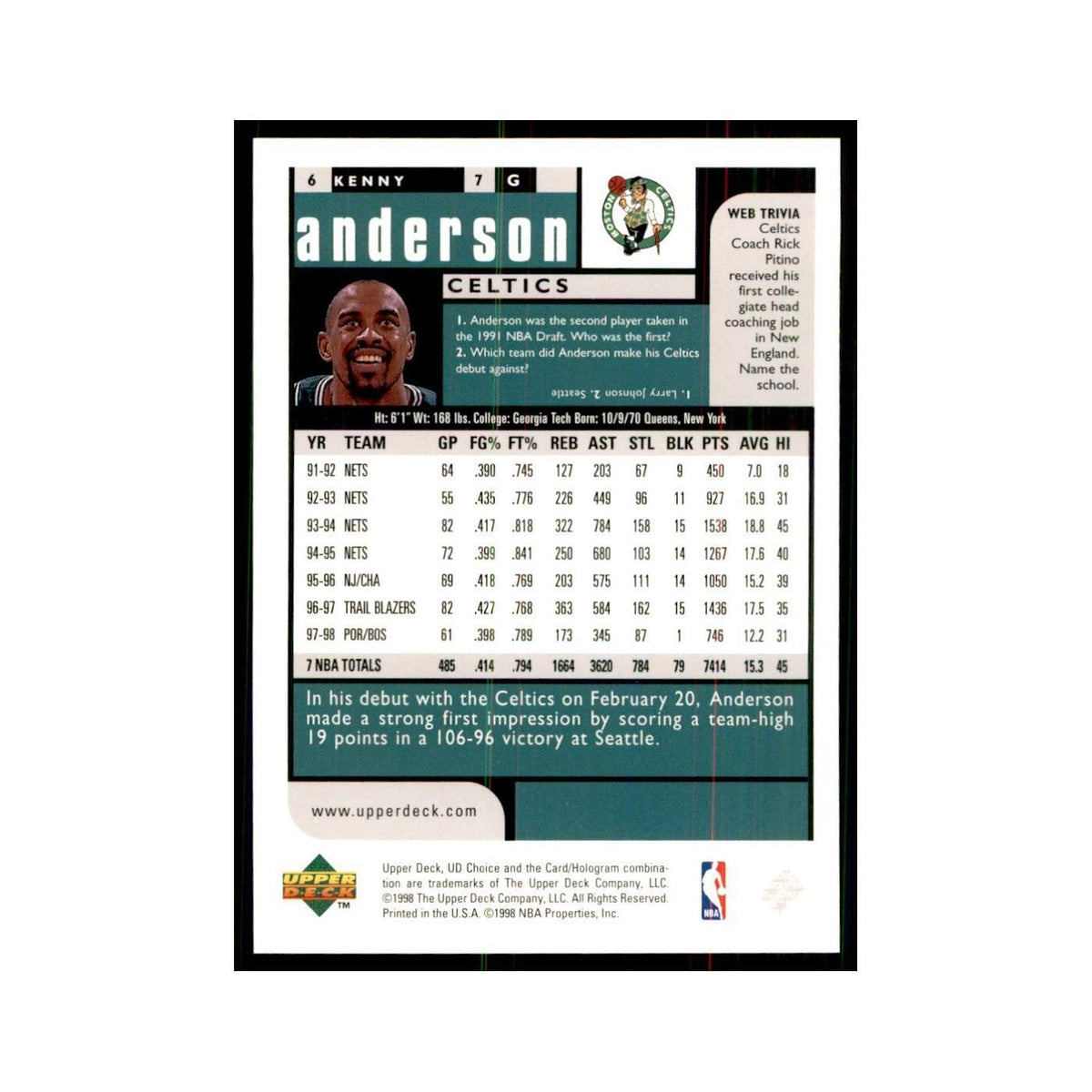 1998 UD Choice Kenny Anderson Basketball Cards #6
