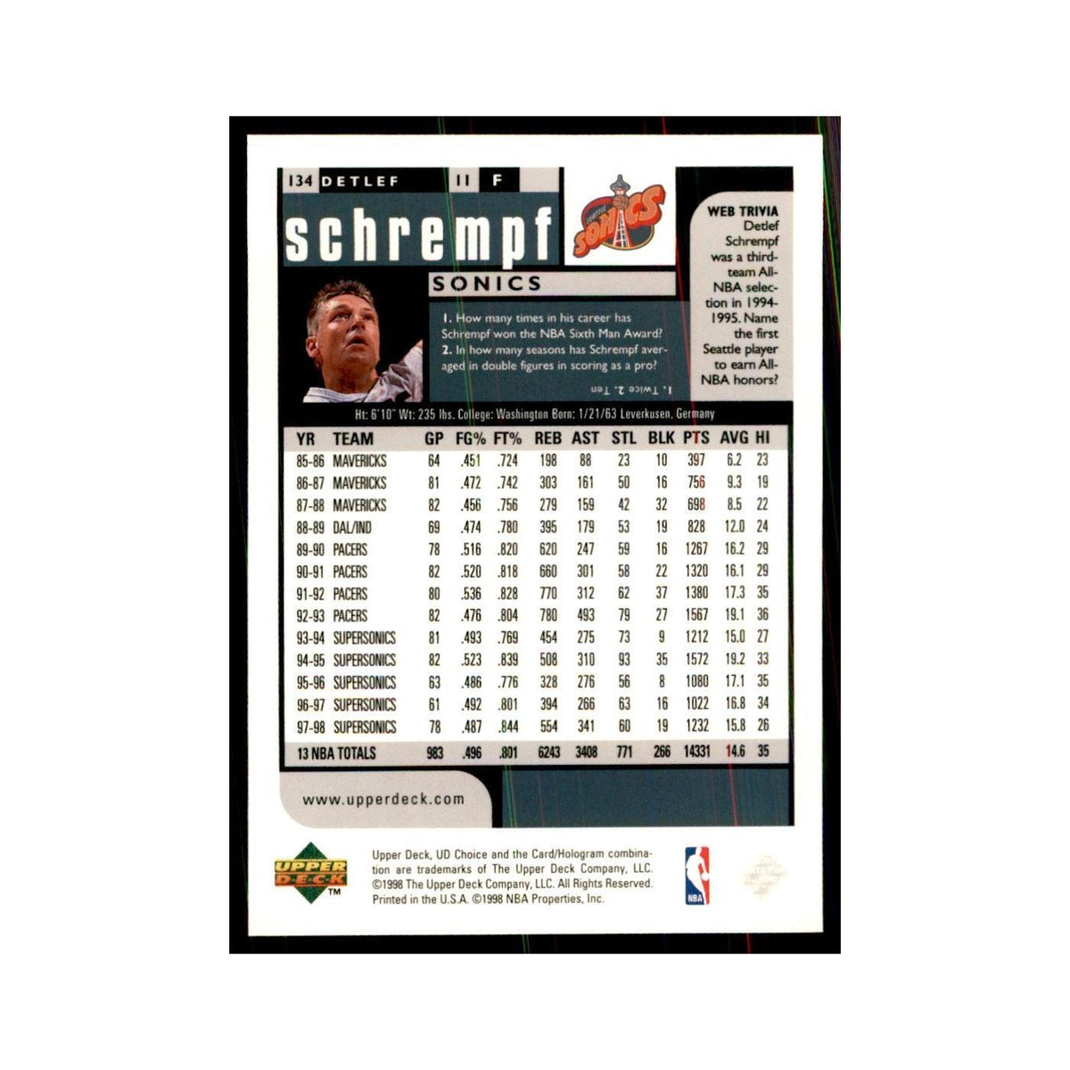 1998 UD Choice Detlef Schrempf Basketball Cards #134