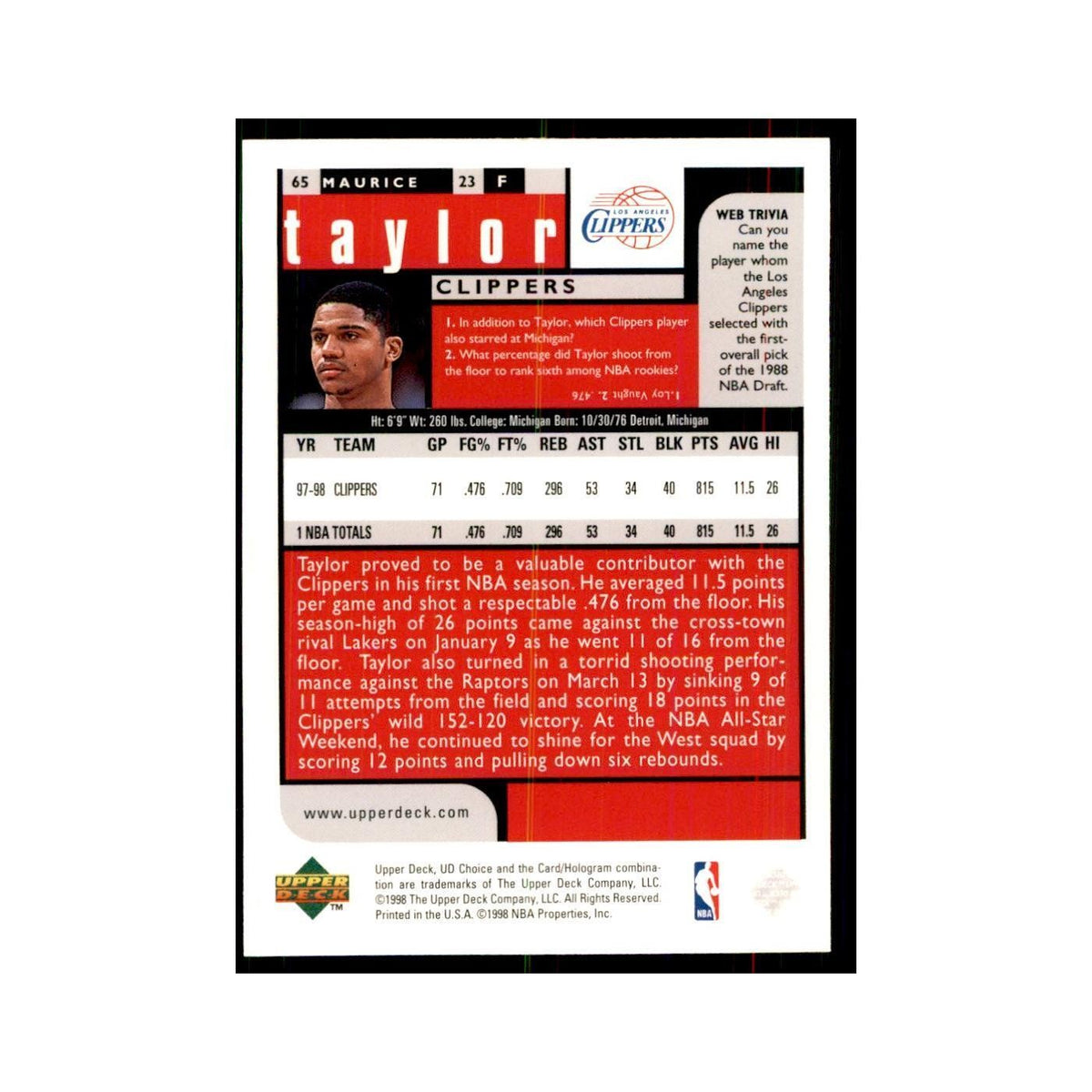 1998 UD Choice Maurice Taylor Basketball Cards #65
