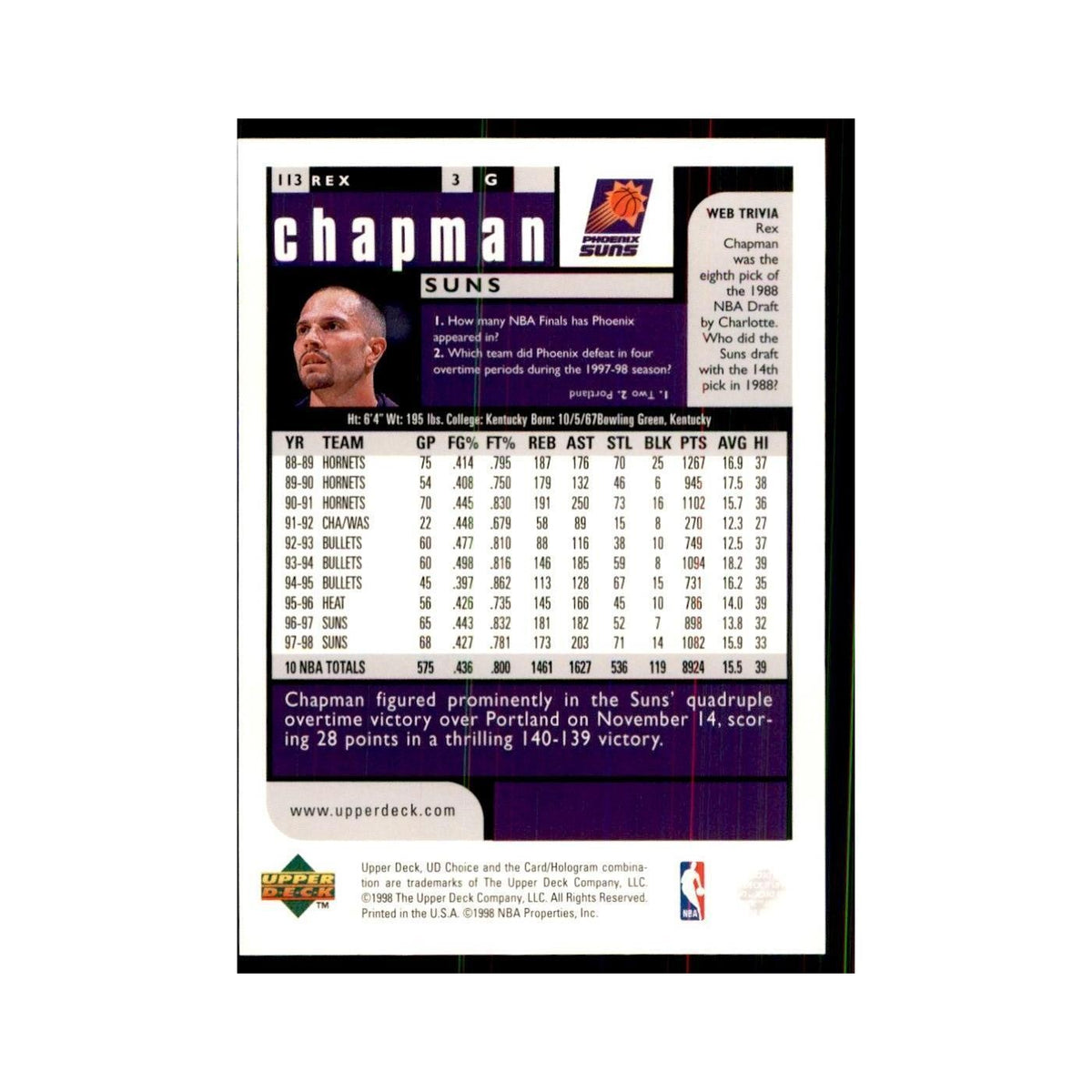 1998 UD Choice Rex Chapman Basketball Cards #113