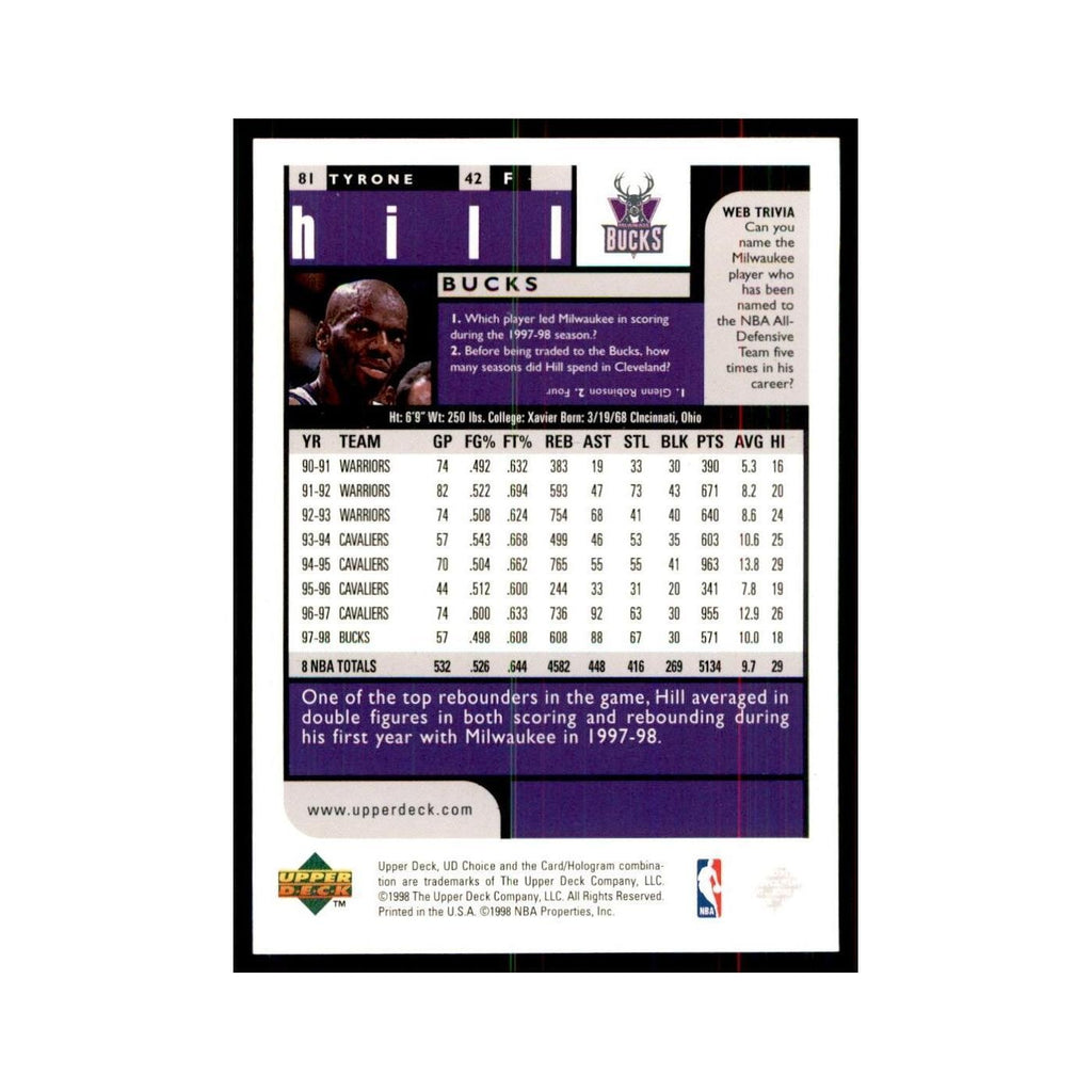 1998 UD Choice Tyrone Hill Basketball Cards #81