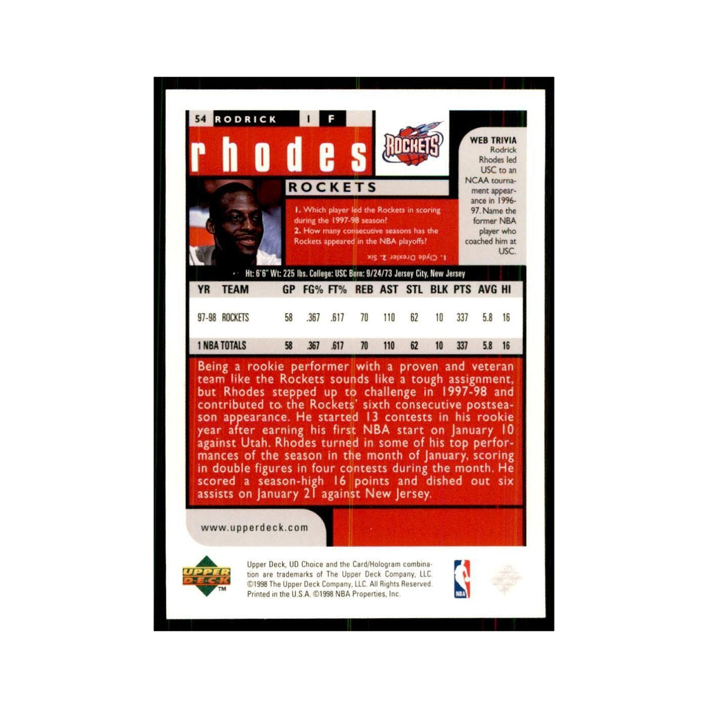 1998 UD Choice Rodrick Rhodes Basketball Cards #54
