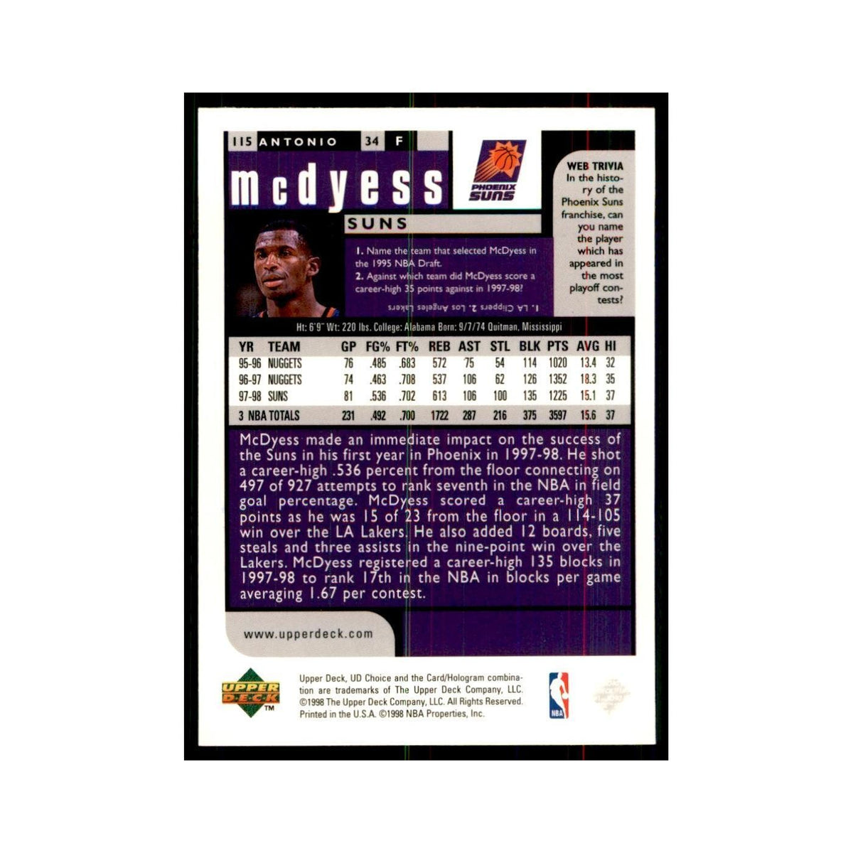 1998 UD Choice Antonio McDyess Basketball Cards #115