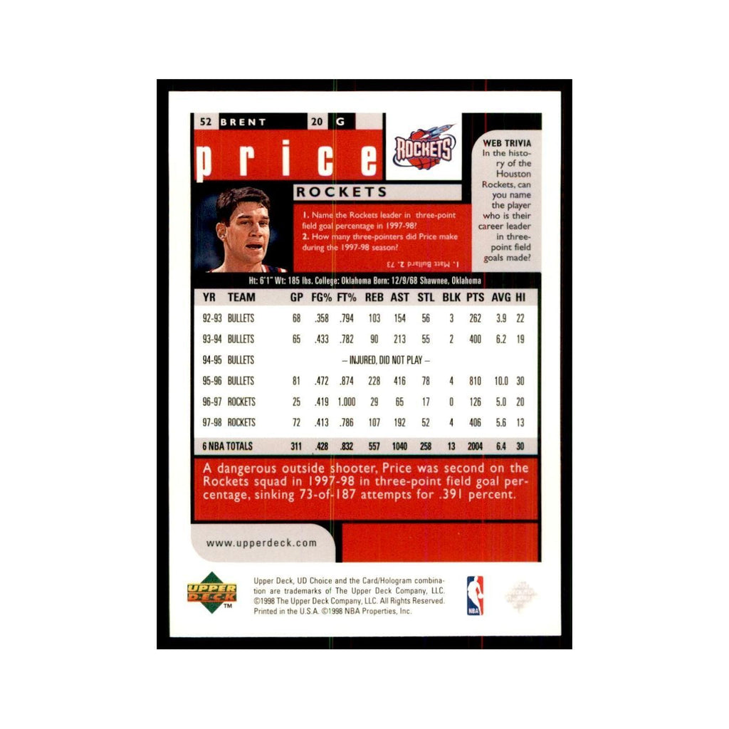 1998 UD Choice Brent Price Basketball Cards #52