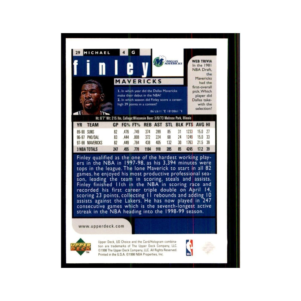 1998 UD Choice Michael Finley Basketball Cards #29