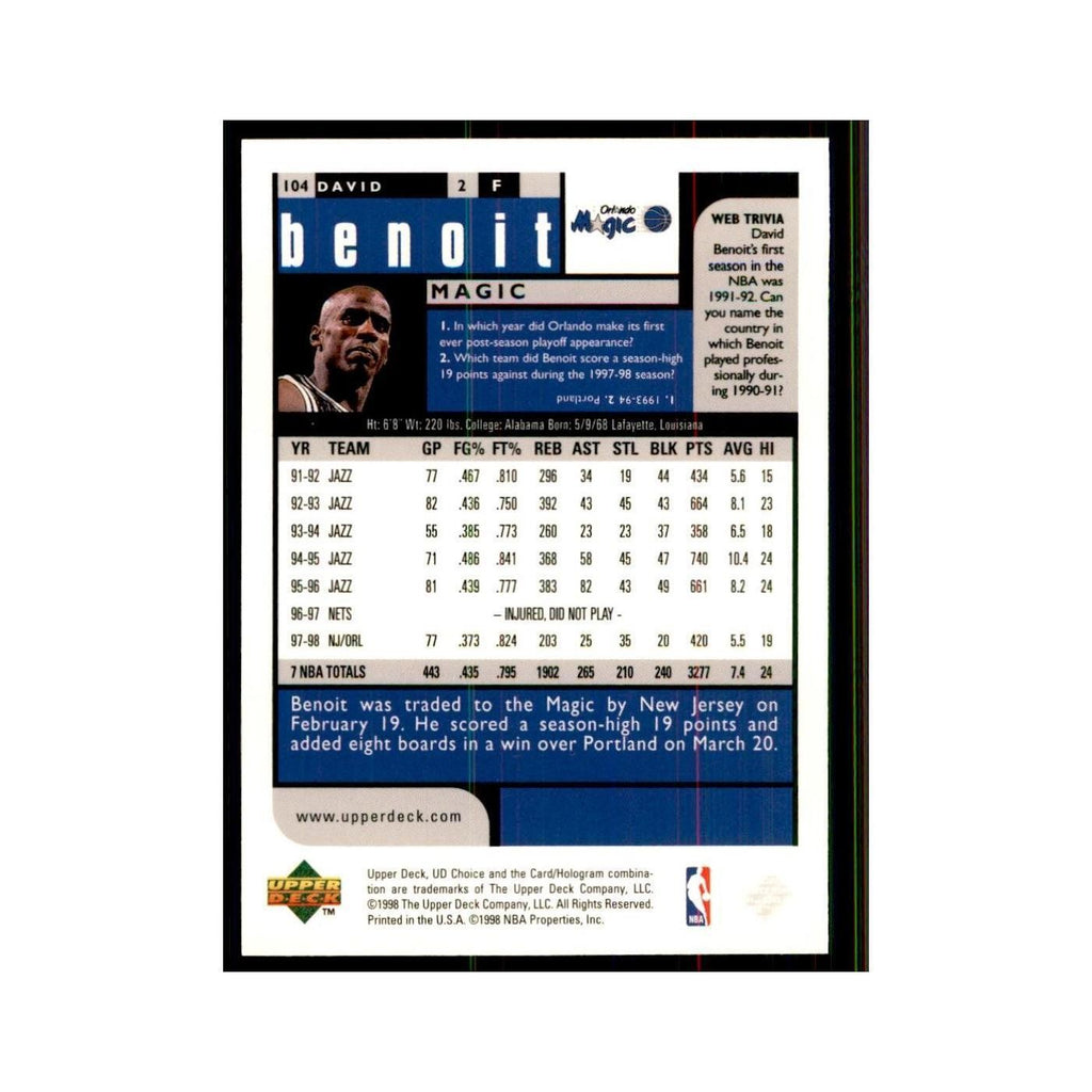 1998 UD Choice David Benoit Basketball Cards #104