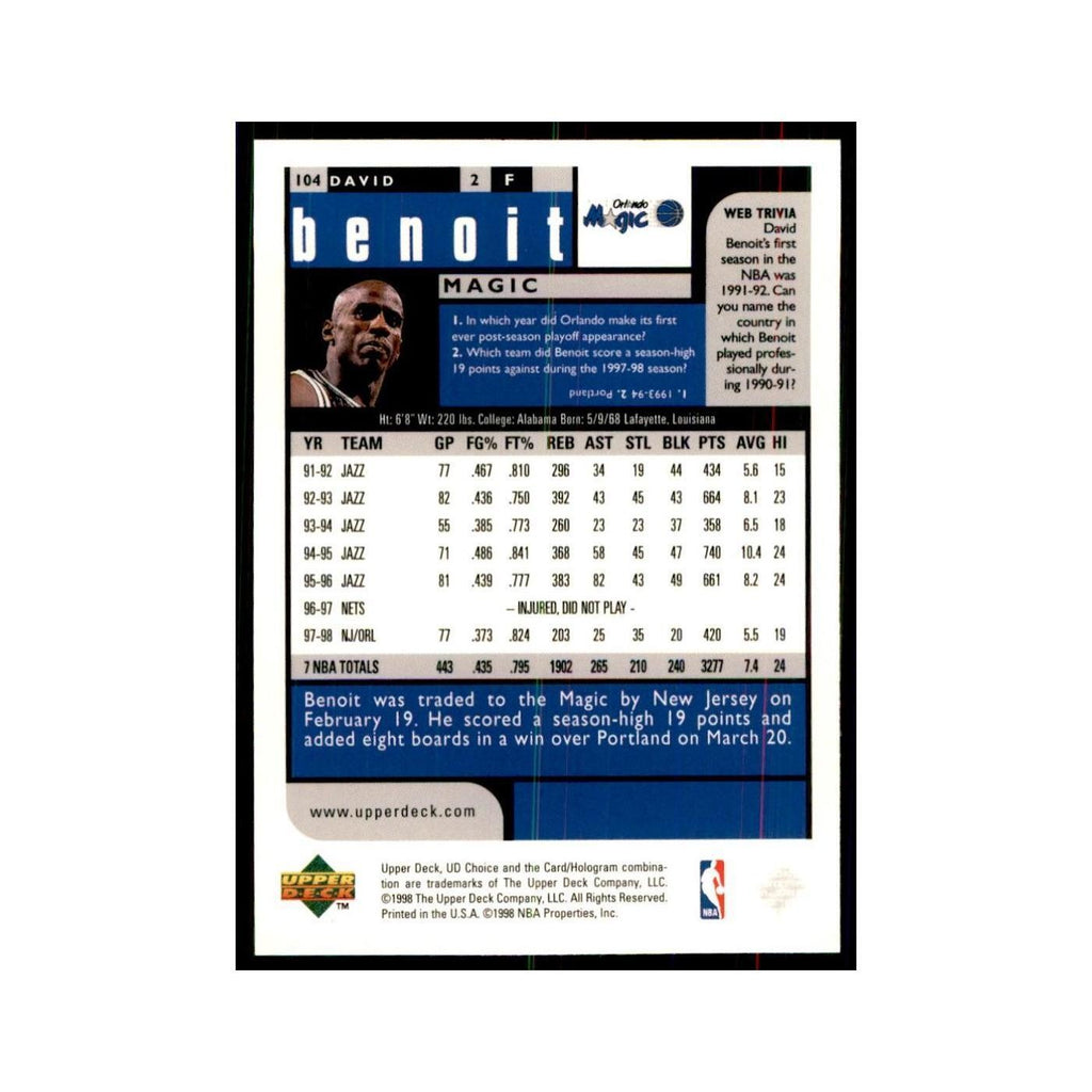 1998 UD Choice David Benoit Basketball Cards #104