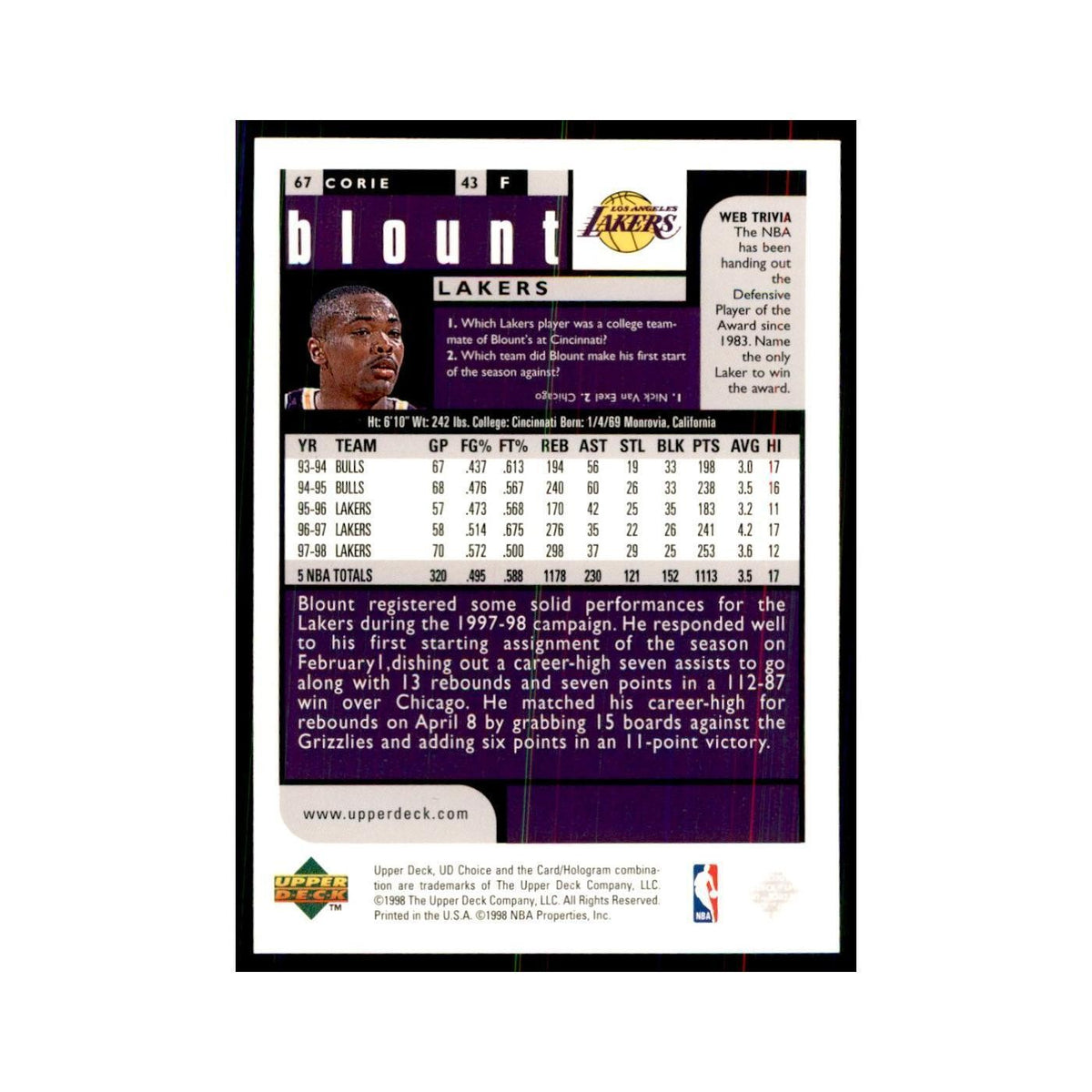 1998 UD Choice Corie Blount Basketball Cards #67