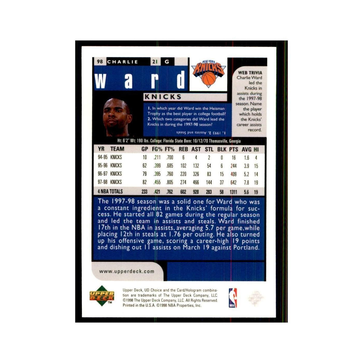 1998 UD Choice Charlie Ward Basketball Cards #98