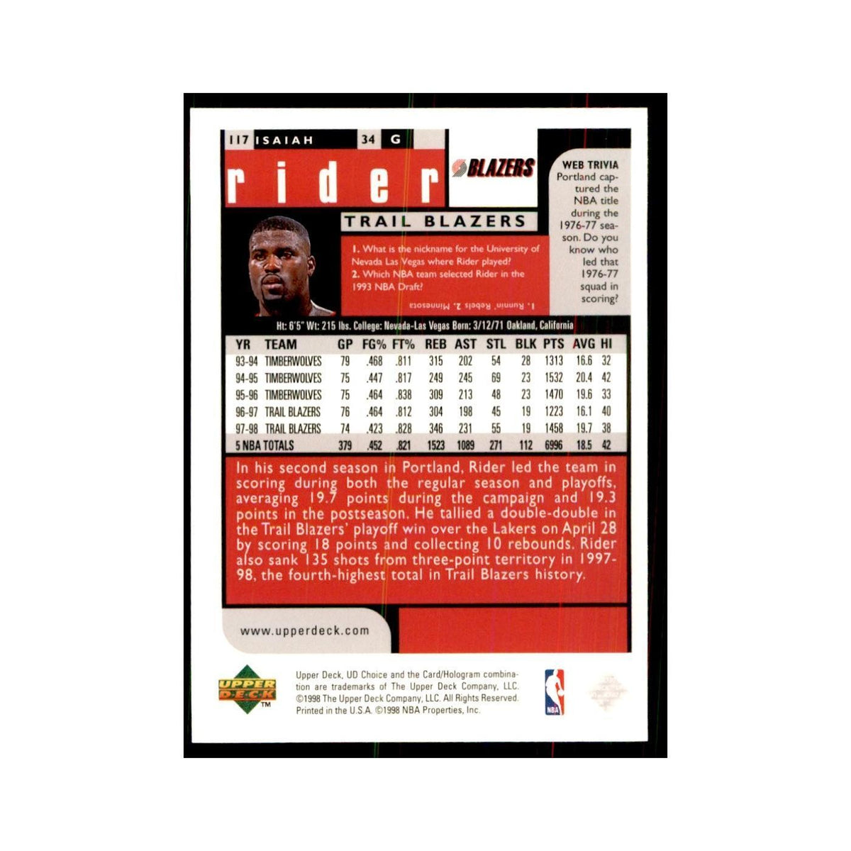 1998 UD Choice Isaiah Rider Basketball Cards #117