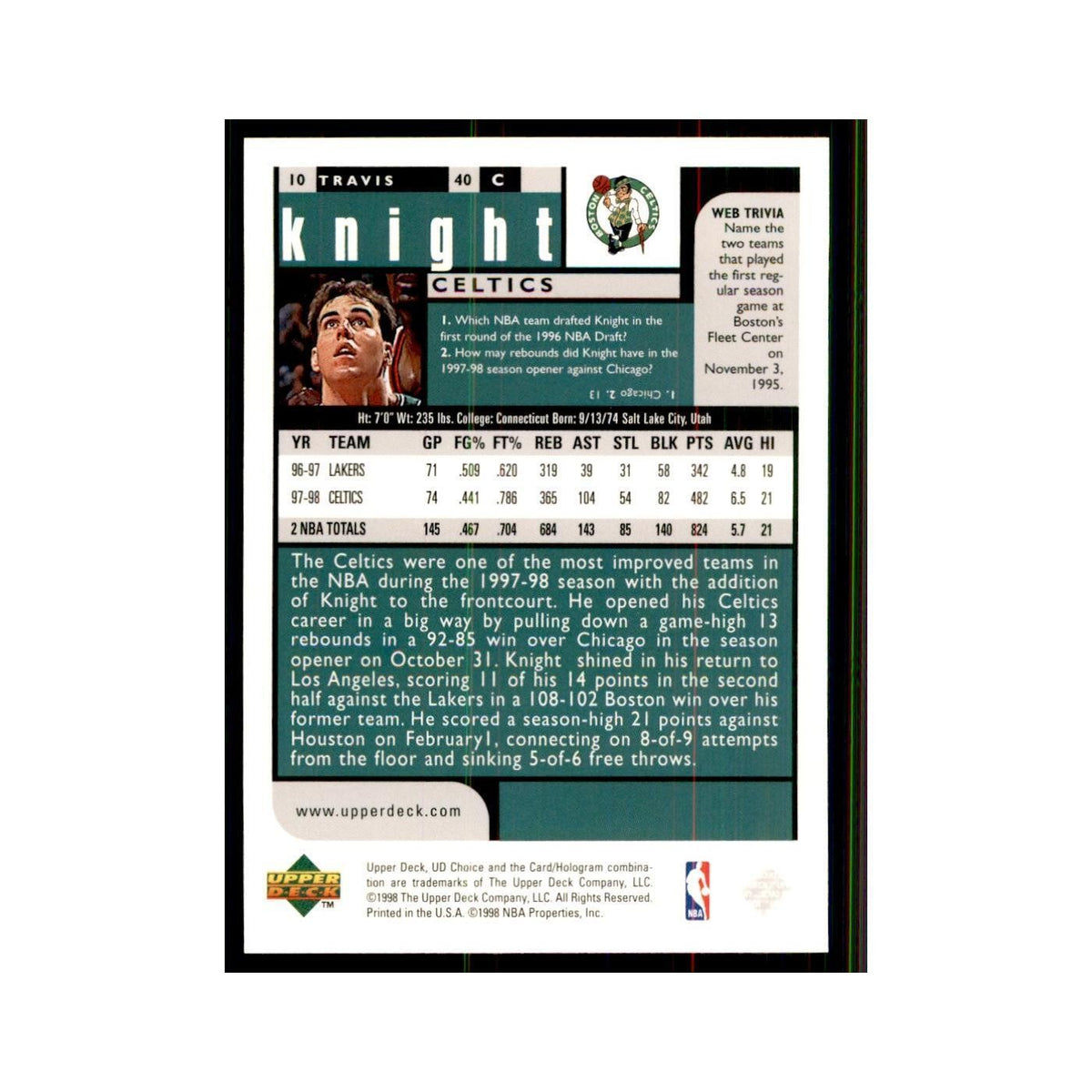 1998 UD Choice Travis Knight Basketball Cards #10