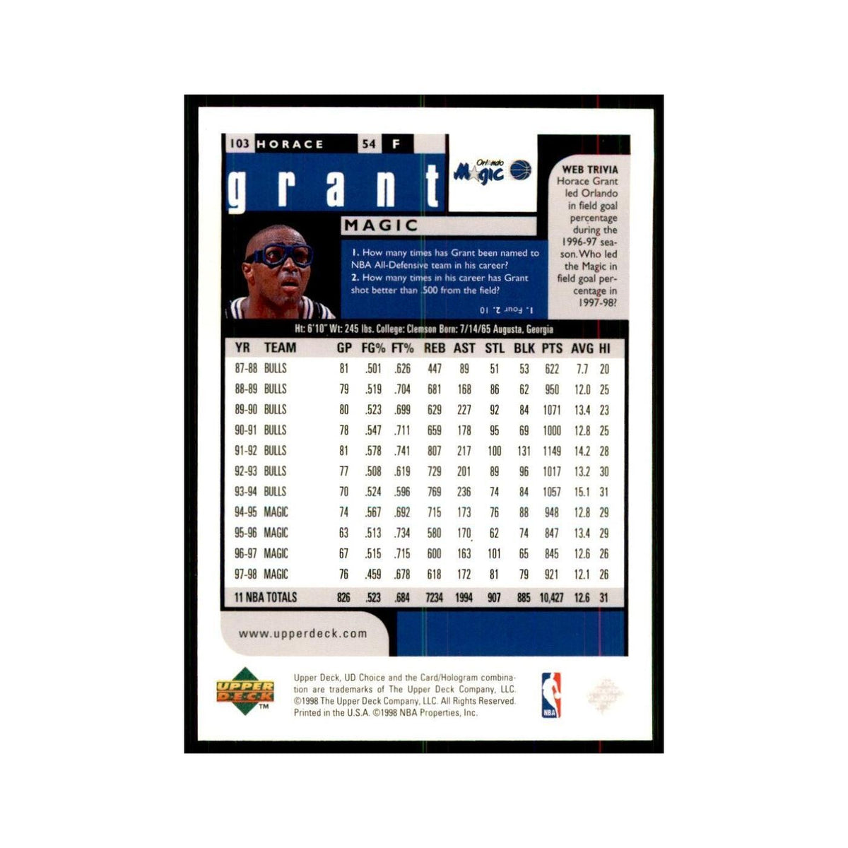 1998 UD Choice Horace Grant Basketball Cards #103