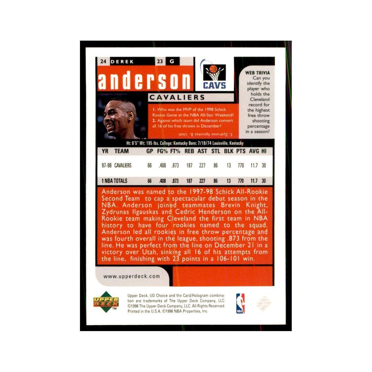 1998 UD Choice Derek Anderson Basketball Cards #24