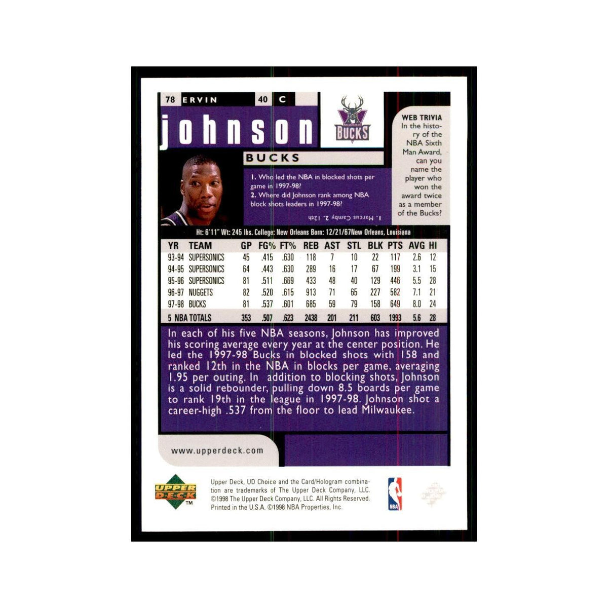 1998 UD Choice Ervin Johnson Basketball Cards #78