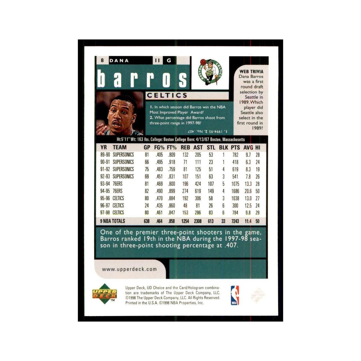 1998 UD Choice Dana Barros Basketball Cards #8