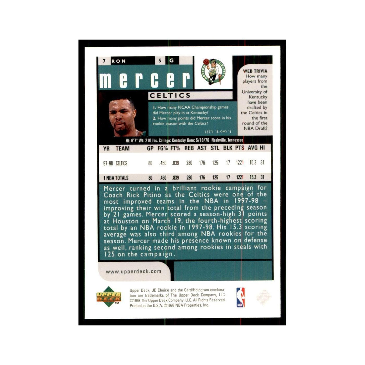 1998 UD Choice Ron Mercer Basketball Cards #7