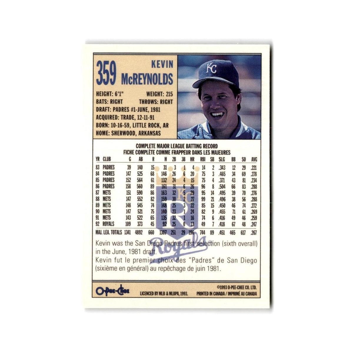 Kevin McReynolds 1993 O-Pee-Chee #359 Kansas City Royals Baseball Card NM
