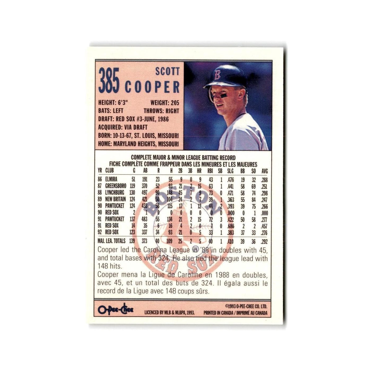 Scott Cooper 1993 O-Pee-Chee #385 Boston Red Sox Baseball Card NM