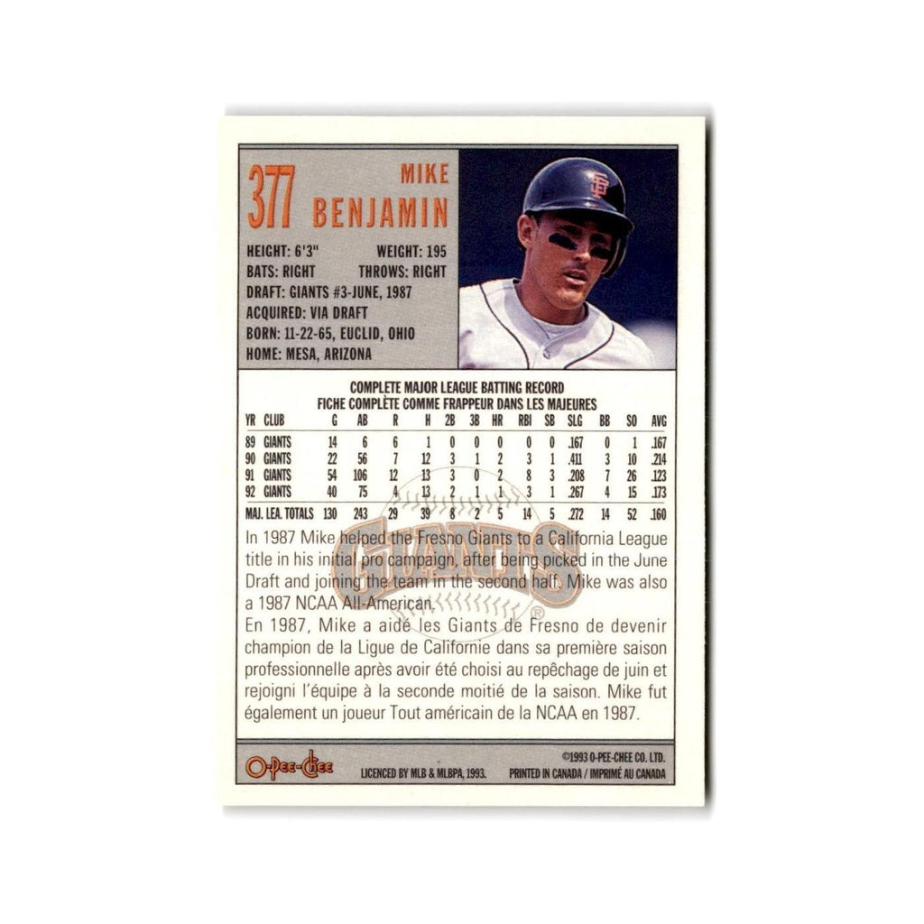 Mike Benjamin 1993 O-Pee-Chee #377 San Francisco Giants Baseball Card NM