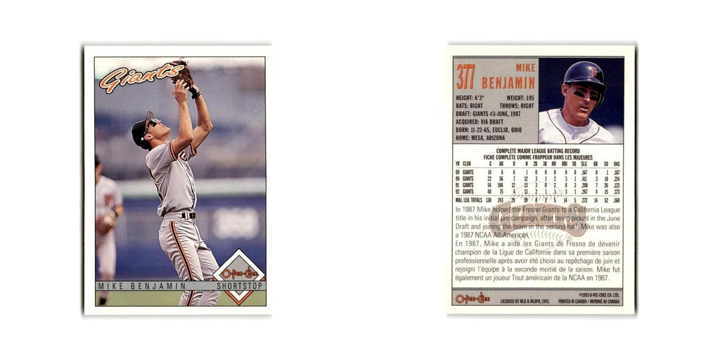 Mike Benjamin 1993 O-Pee-Chee #377 San Francisco Giants Baseball Card NM