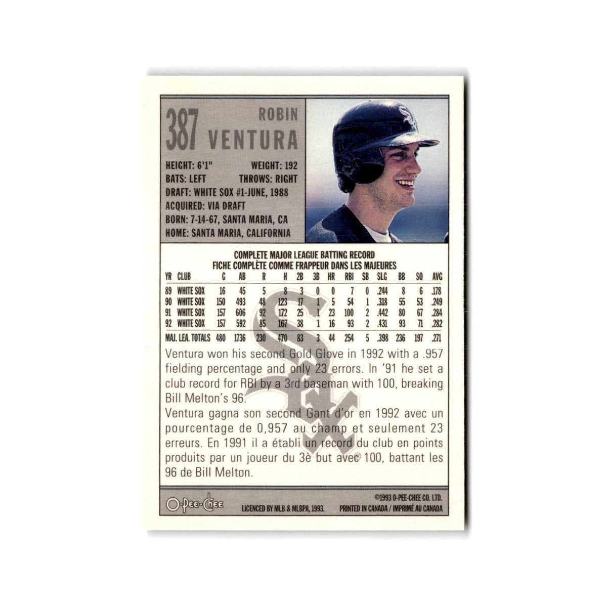 Robin Ventura 1993 O-Pee-Chee #387 Chicago White Sox/Atlanta Braves NM