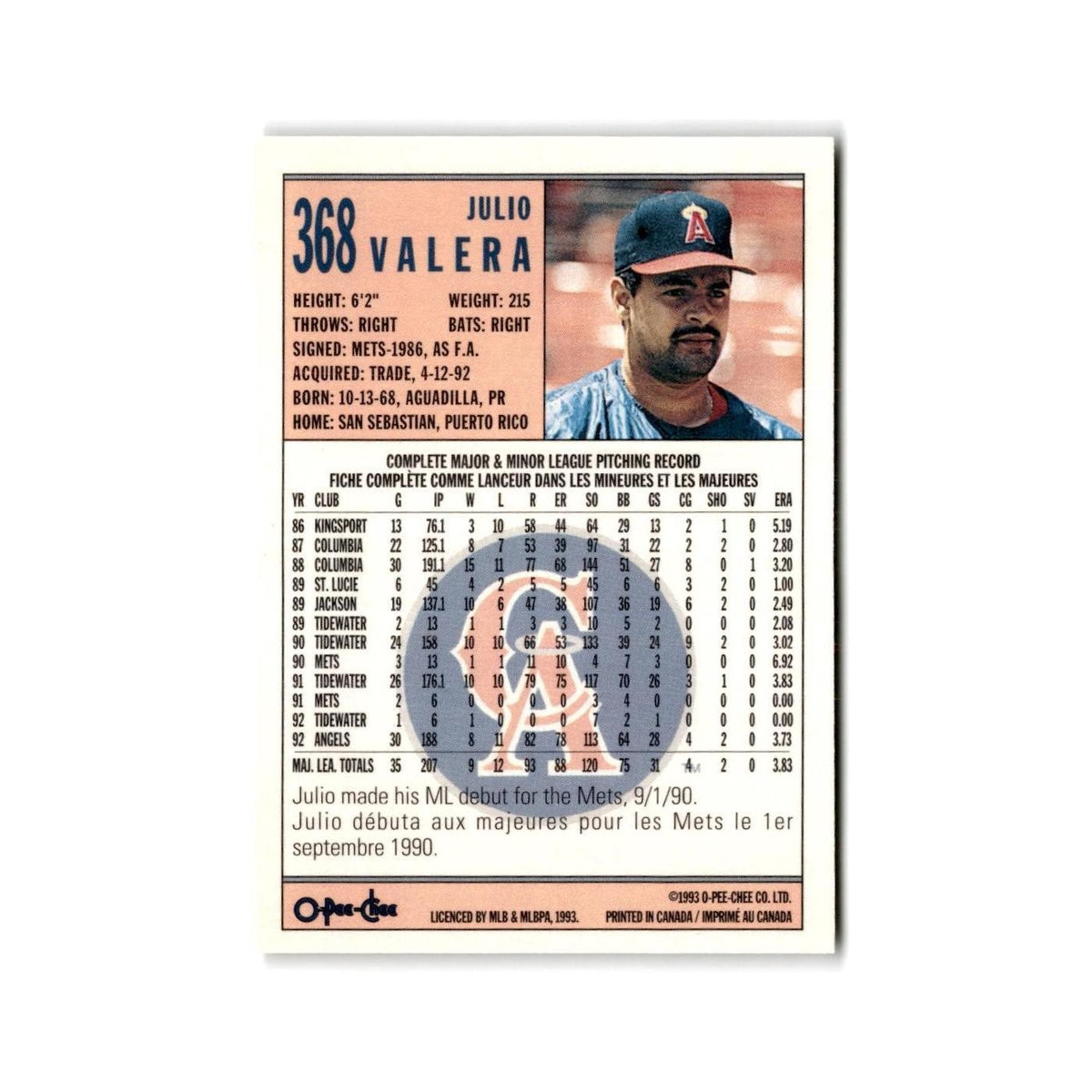 Julio Valera 1993 O-Pee-Chee #368 California Angels Baseball Card NM