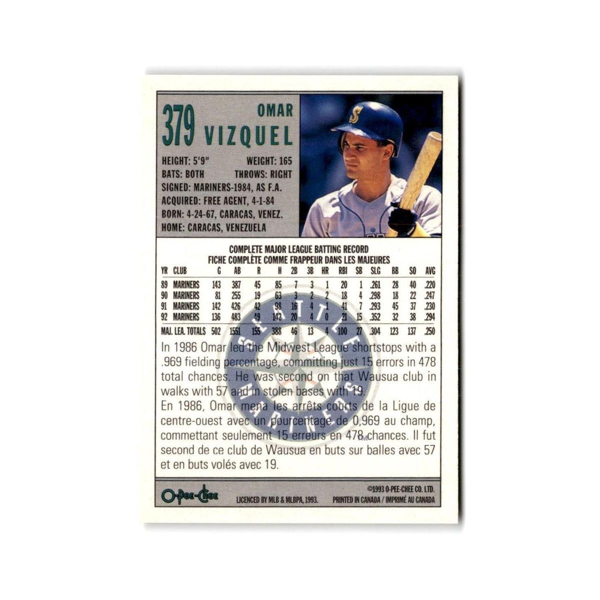 Omar Vizquel 1993 O-Pee-Chee #379 Seattle Mariners Baseball Card NM