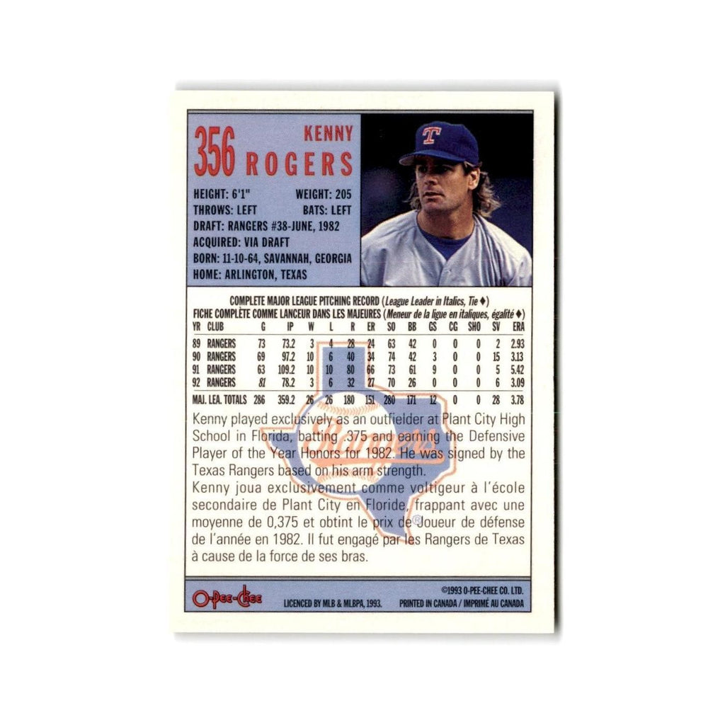 Kenny Rogers 1993 O-Pee-Chee #356 Texas Rangers Baseball Card NM