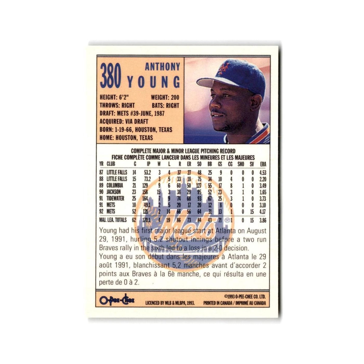 Anthony Young 1993 O-Pee-Chee #380 New York Mets Baseball Card NM