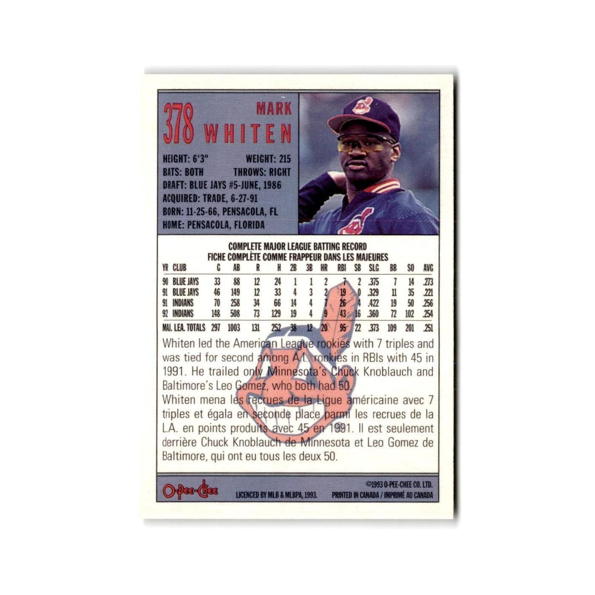 Mark Whiten 1993 O-Pee-Chee #378 Cleveland Indians Baseball Card NM
