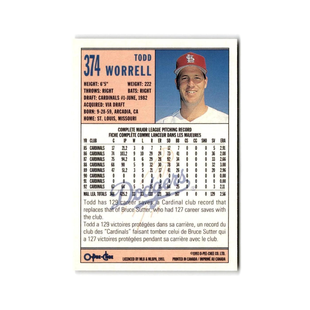 Todd Worrell 1993 O-Pee-Chee #374 Los Angeles Dodgers Baseball Card NM